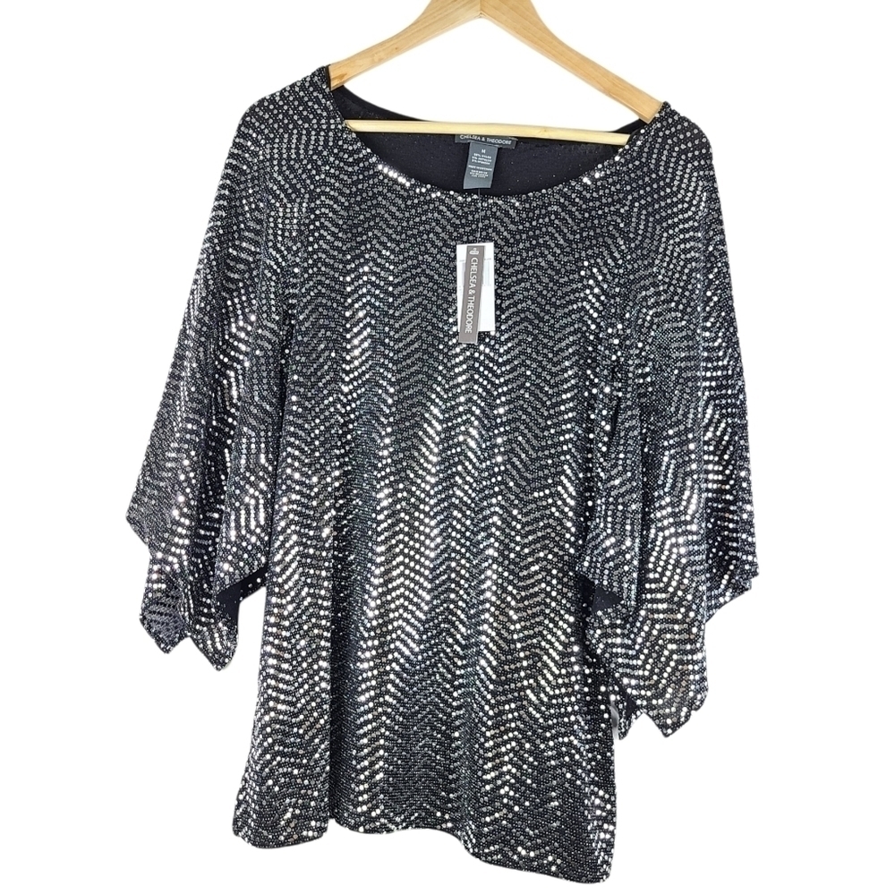 Chelsea & Theodore Top NWT Womens Medium Black Silver Sequin Wide Sleeve